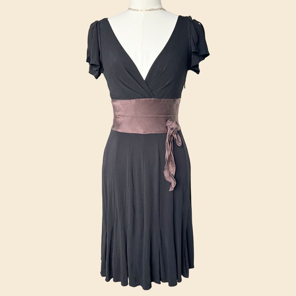 Vintage Black Flutter Sleeve Midi Dress with Satin Waist Tie